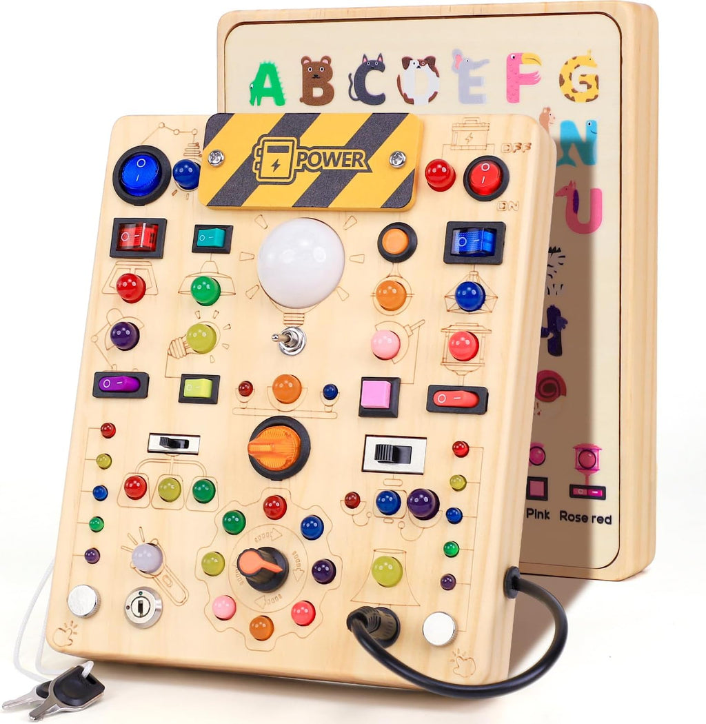Tablero de actividades con 19 interruptores de luz LED, juguetes Montessori para niños de 1, 2, 3 años, tablero sensorial de madera, juguetes de viaje para niños y niñas de 1, 2, 3 años, regalo de cumpleaños (grande)