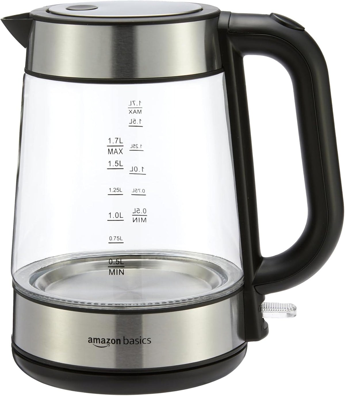 Amazon Basics Hervidor eléctrico con jarra de vidrio para té y café, sin BPA, de ebullición rápida, apagado automático, protección contra hervir, indicador de nivel de agua, 1.7 litros, 1500 W