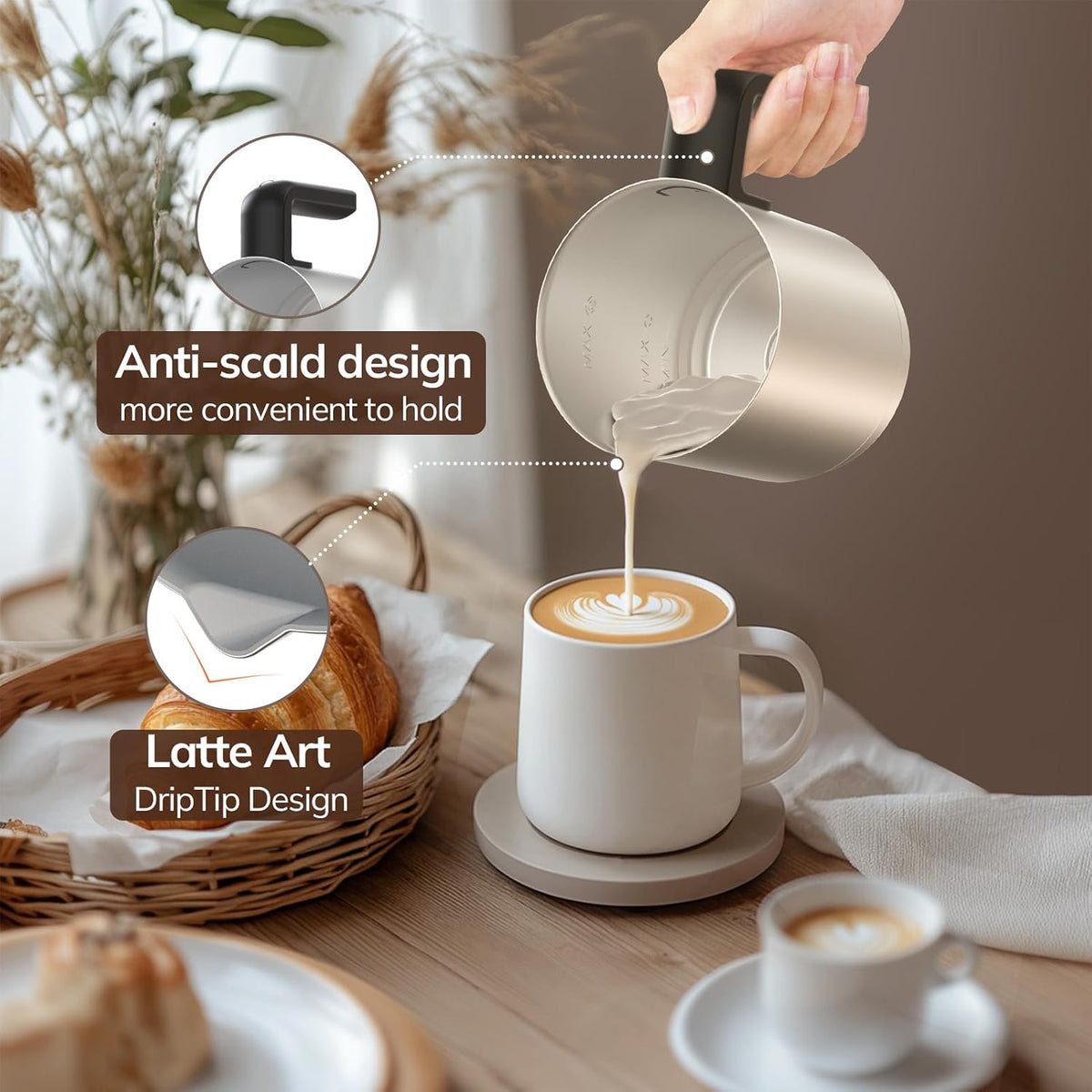 Espumador de leche eléctrico grande y vaporizador, vaporizador de leche de 16.9 onzas, vaporizador de leche y espumador para café con leche o chocolate caliente, apto para lavavajillas, 6 funciones