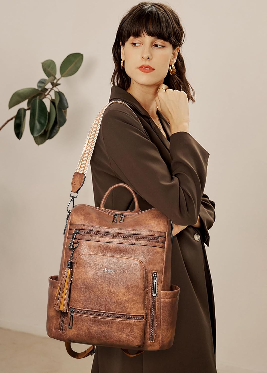 Shrrie Mochila de cuero vegano para computadora portátil para mujer...