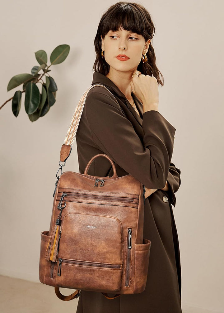 Shrrie Mochila de cuero vegano para computadora portátil para mujer...