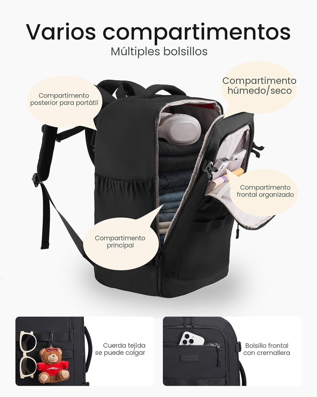 LOVEVOOK Mochila de viaje de 40L para mujeres y hombres, mochila de...