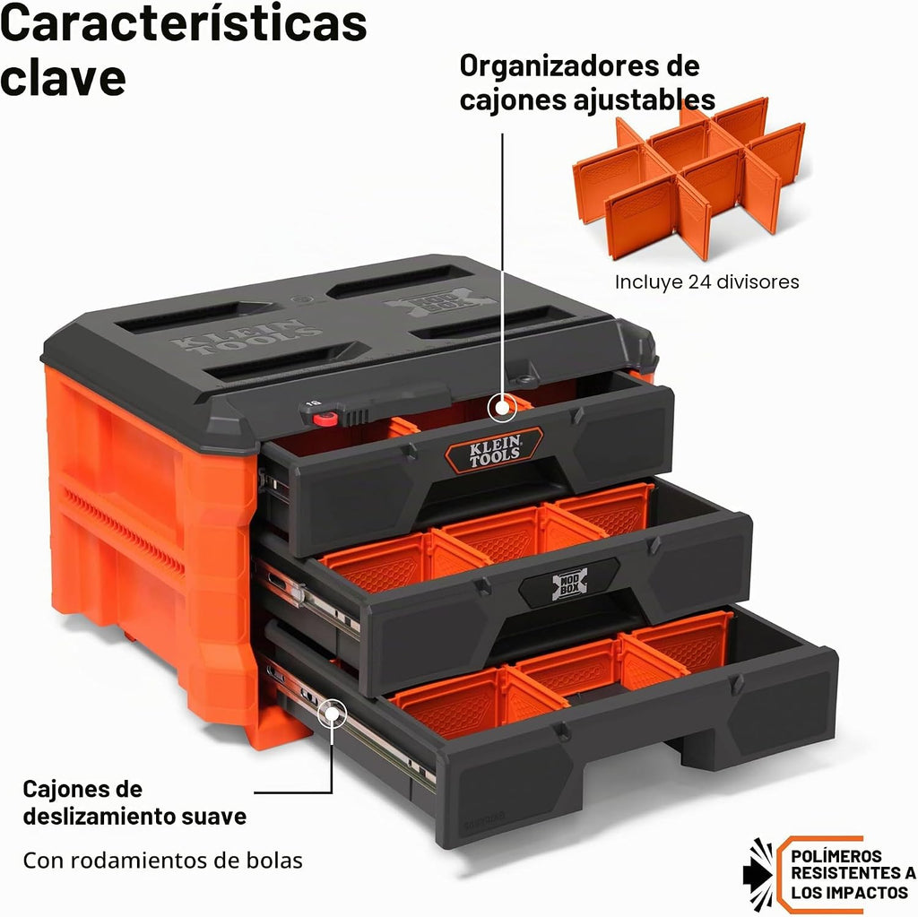 Klein Tools 54823MB MODbox Organizador de caja de herramientas de 3 cajones, almacenamiento de herramientas resistente, módulo apilable, capacidad de 50 libras