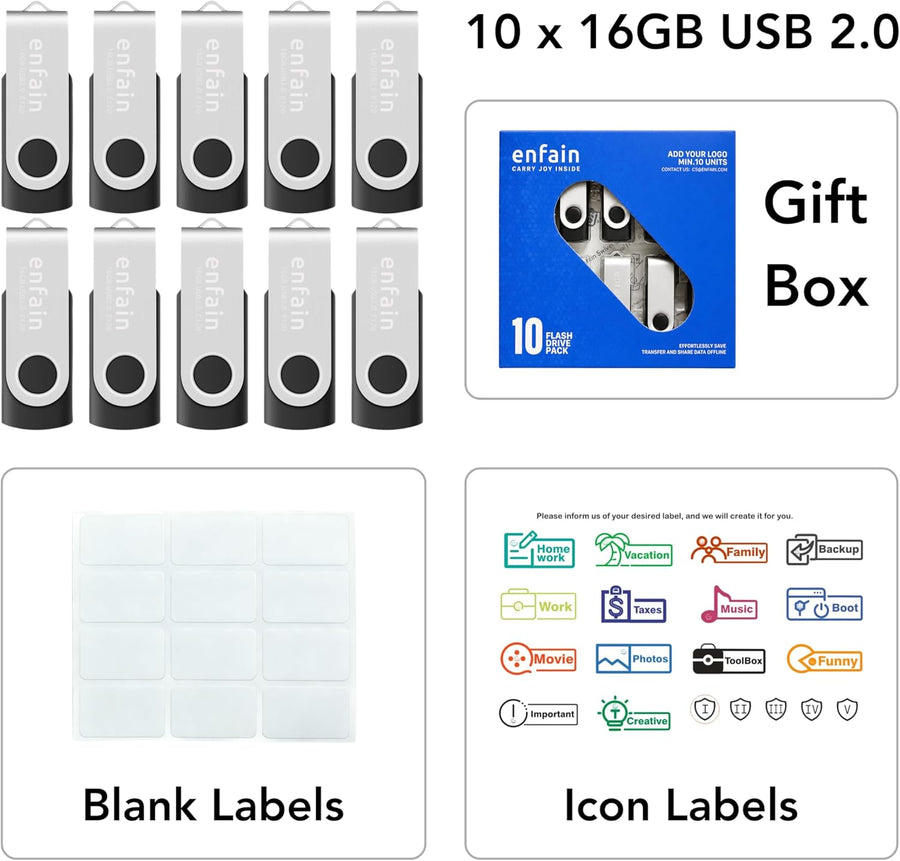 Paquete de 10 Enfain Memorias Flash USB 2.0 Giratorias de 16GB: Alm...