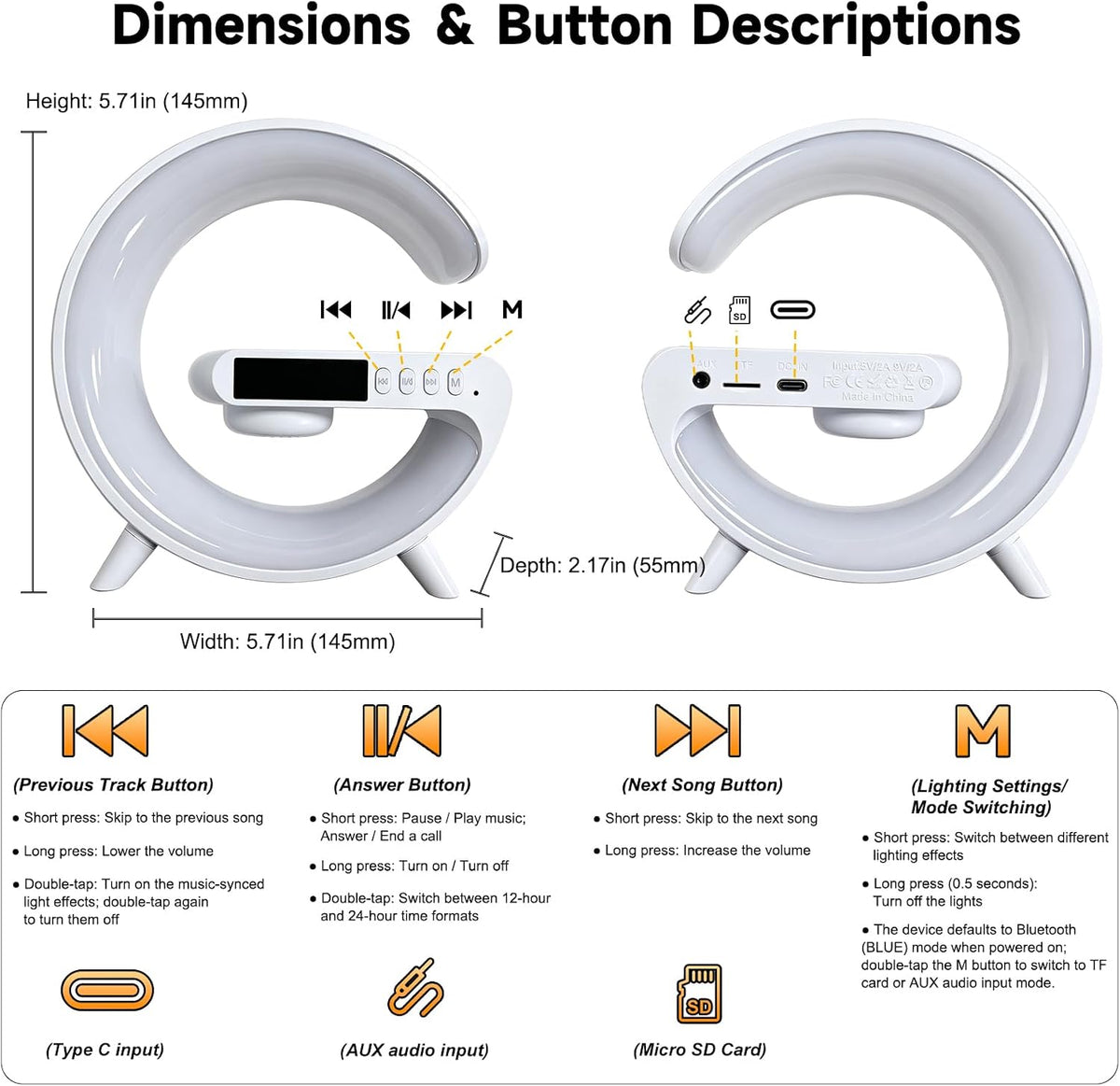 Lámpara Lámpara de mesa LED inteligente 5 en 1 con cargador inalámbrico, altavoz Bluetooth, reloj despertador, luz nocturna, estación de carga para dormitorio, mesita de noche, escritorio
