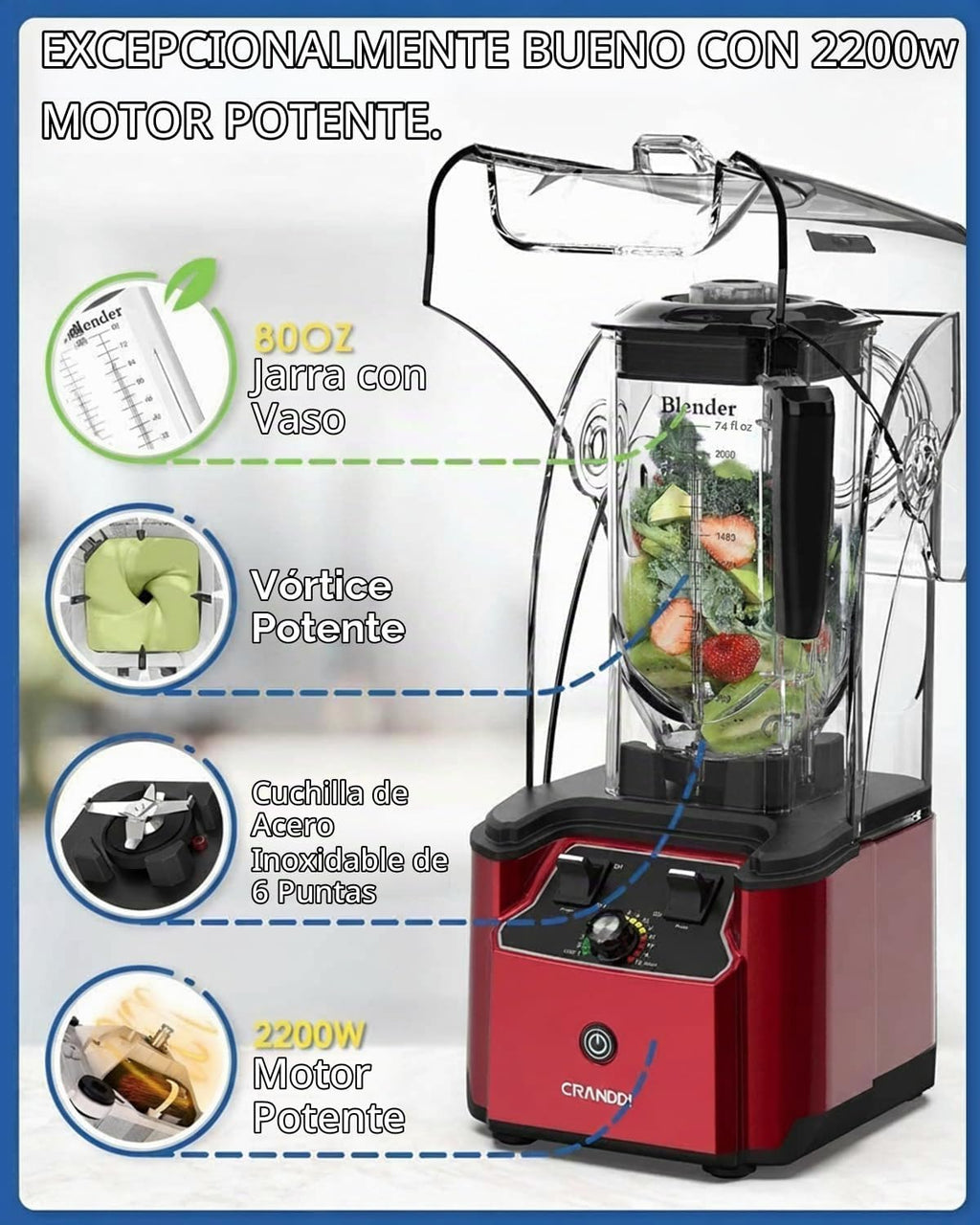Licuadora profesional Plus, comercial y hogar, 80oz, 2200W, K90
