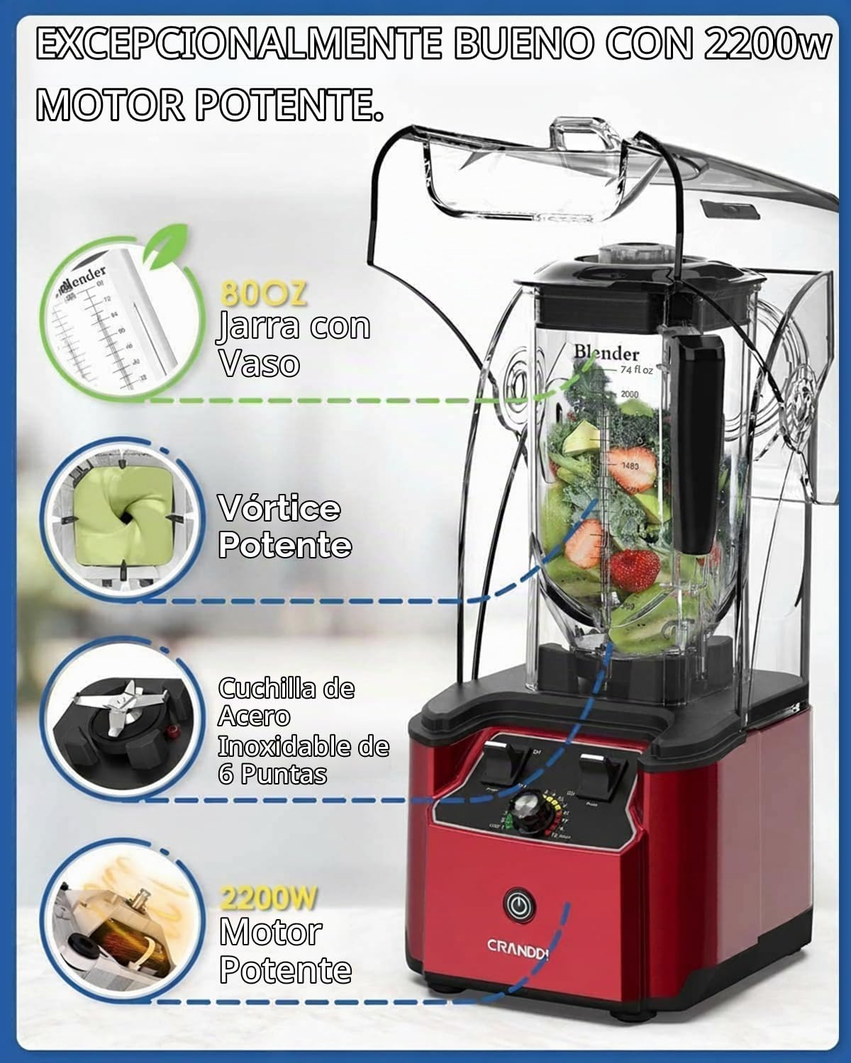 Licuadora profesional Plus, comercial y hogar, 80oz, 2200W, K90
