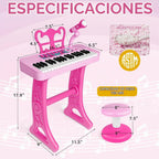 Amy&Benton - Regalo de cumpleaños para niñas de 3, 4, 5, 6, 7 años, piano de juguete con soporte para niñas de 3 a 5 años, juguete de teclado musical rosa, 37 teclas con silla