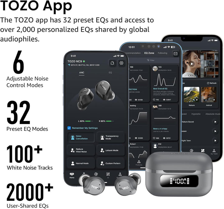 TOZO NC9 Auriculares inalámbricos híbridos con cancelación activa d...