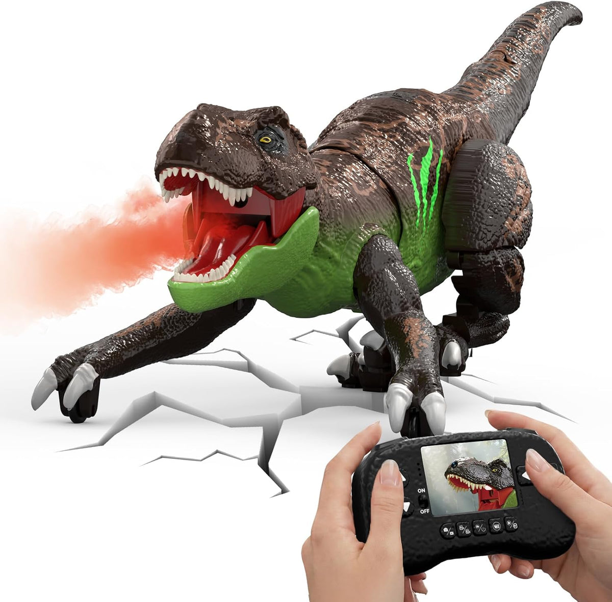 Robot T-Rex de dinosaurio RC con cámara para niños, pantalla LCD RC de video en vivo, simulación de movimiento de gateo, modo de demostración inteligente, función de rociado, efecto de luz y rugido