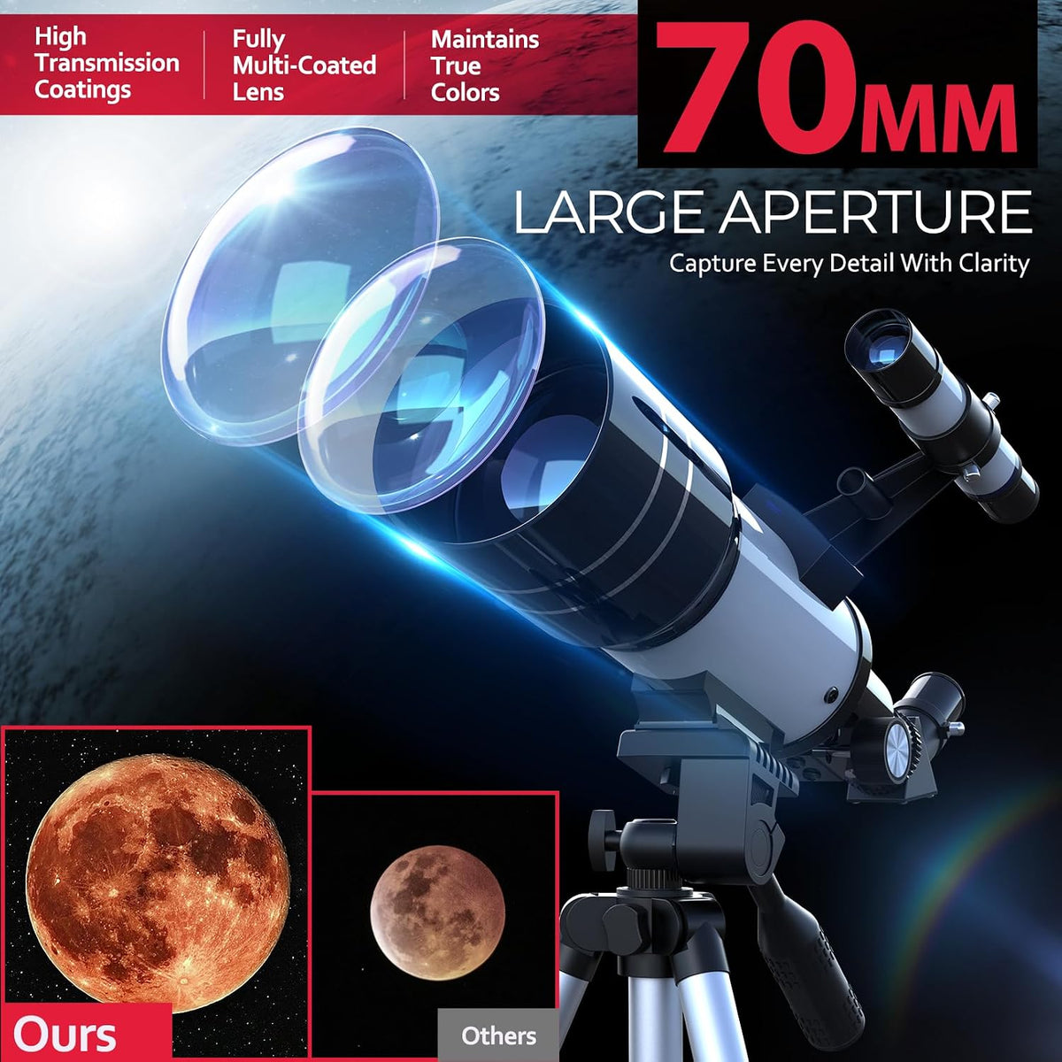 Telescopio para niños y principiantes, 2.756 in de apertura (15X-150X) AZ Mount Telescopios para astronomía, telescopio refractor portátil con trípode, adaptador de teléfono