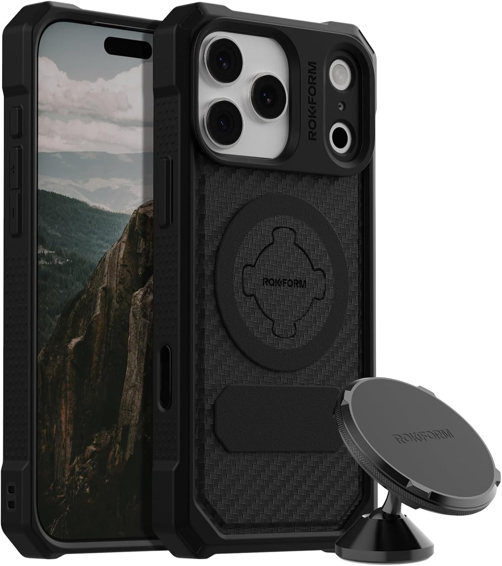 Rokform Funda resistente para iPhone 17 Pro Max + soporte magnético giratorio para teléfono para tablero
