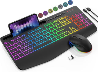 Combo de teclado y mouse inalámbricos, 9 efectos retroiluminados, R...