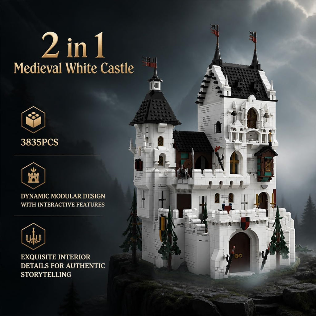 Juego de construcción de castillo blanco medieval 2 en 1 para