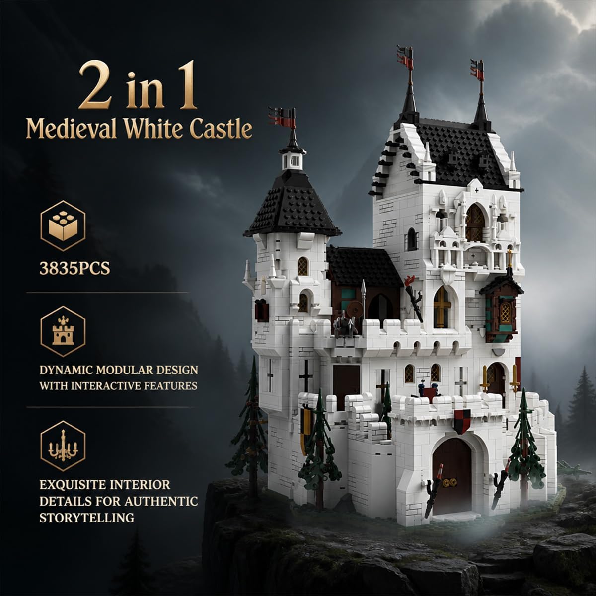 Juego de construcción de castillo blanco medieval 2 en 1 para