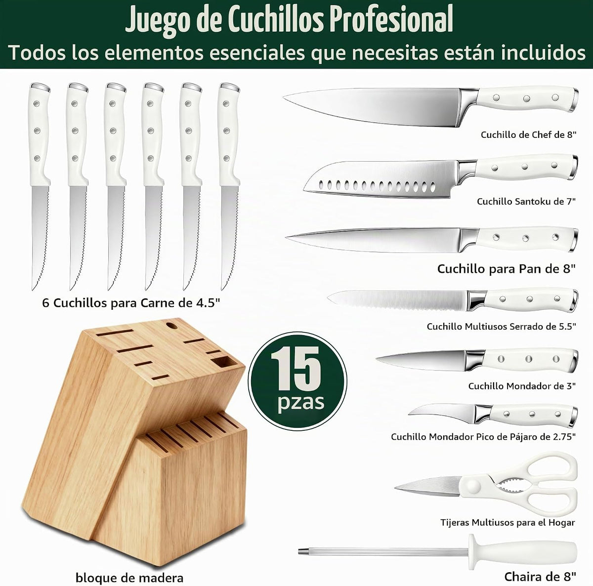 Juego de cuchillos de cocina de acero inoxidable de alto carbono de alta calidad, afilado, mango ergonómico forjado triple remache, juego de cuchillos profesional para cocina, apto para lavavajillas (blanco)