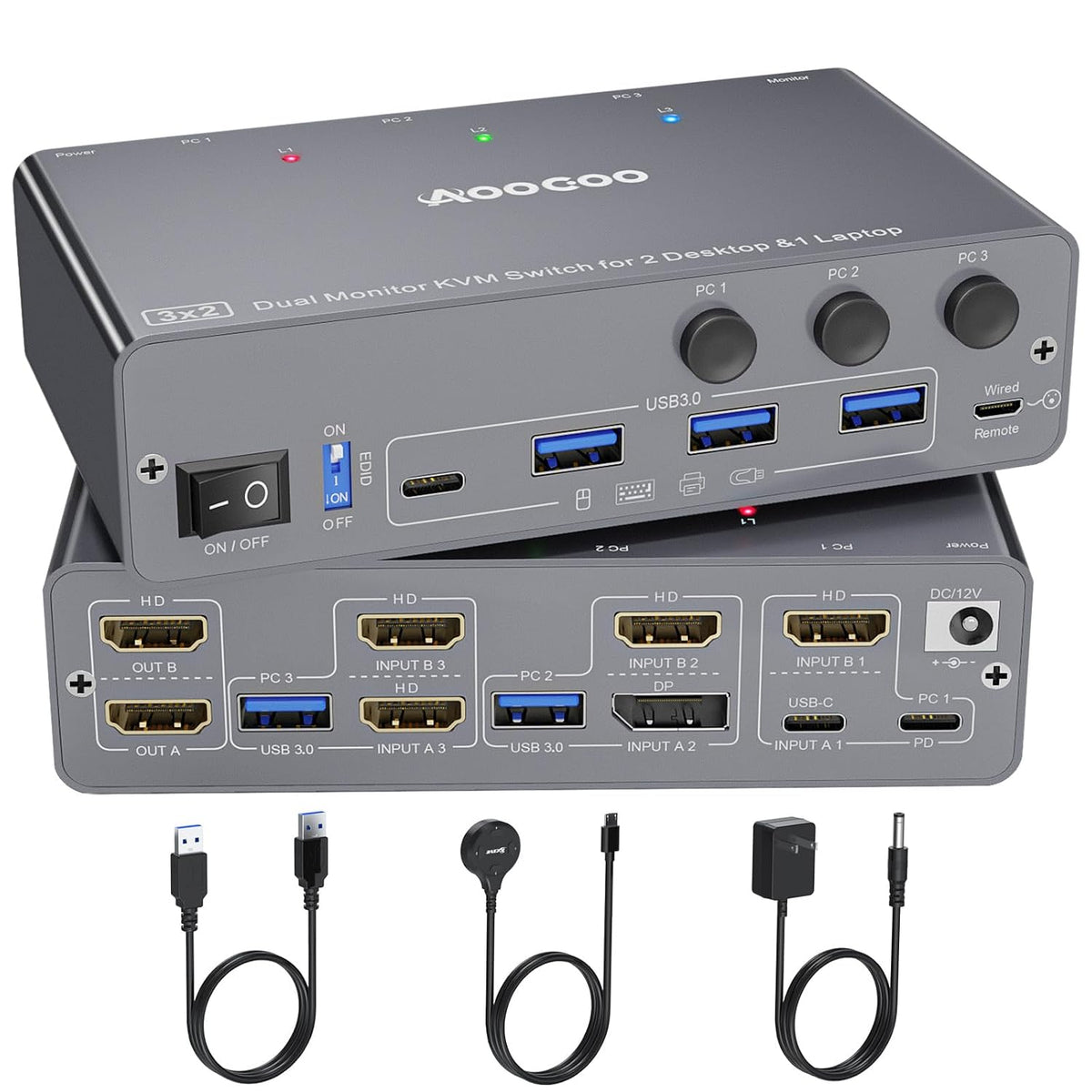 Conmutador KVM USB C 4K a 60Hz, Conmutador KVM USB C HDMI DP para 2 PC y 1 portátil compartido, 2 monitores y 4 dispositivos USB3.0, alimentación PD para portátil con control remoto con cable y cables