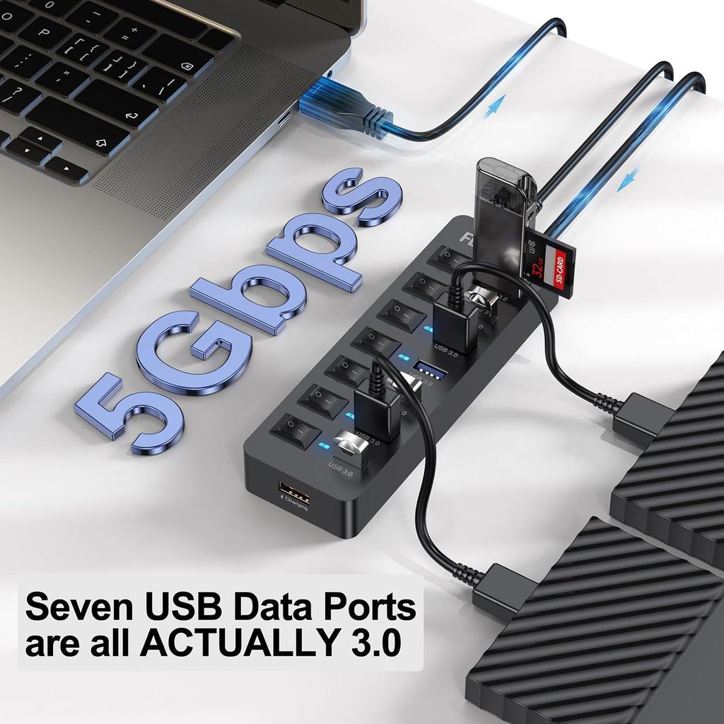 FEMORO, FE033-D1, hub USB 3.0 de 7 puertos, alimentado, adaptador 5V/3A