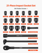 VEVOR Juego de Dados de Impacto de 1 pulgada, 21 Piezas, Dados de Impacto Poco Profundos de 6 Puntos, SAE (1-5/8 pulgadas a 3-1/8 pulgadas), con Barras de Extensión de 8 pulgadas y 18 pulgadas