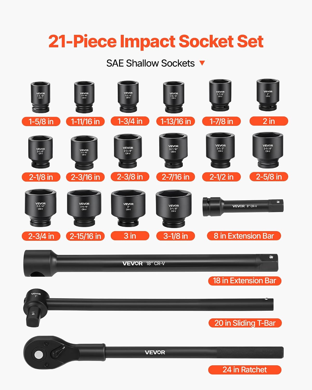 VEVOR Juego de Dados de Impacto de 1 pulgada, 21 Piezas, Dados de Impacto Poco Profundos de 6 Puntos, SAE (1-5/8 pulgadas a 3-1/8 pulgadas), con Barras de Extensión de 8 pulgadas y 18 pulgadas
