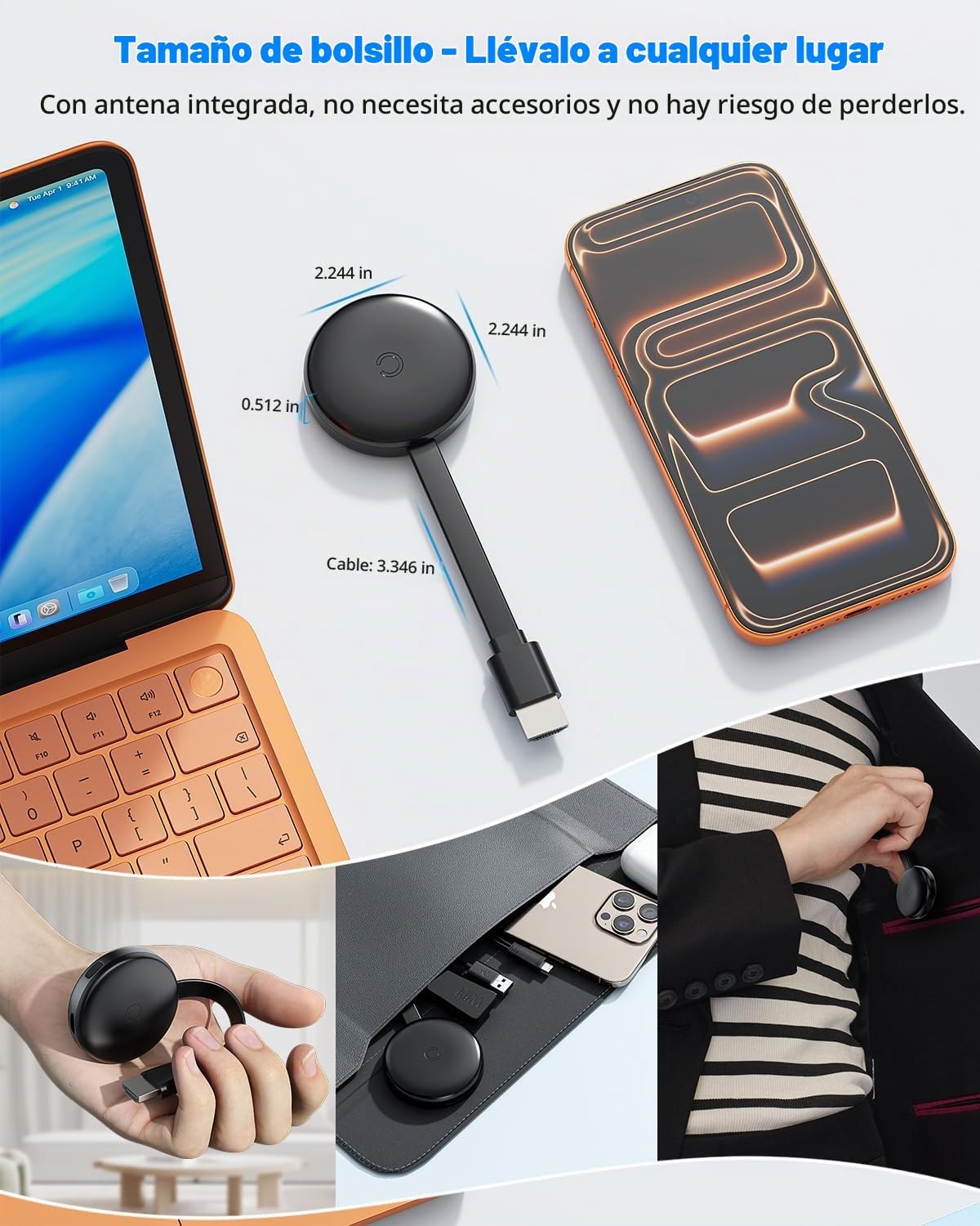 Miracast - Adaptador de pantalla HDMI inalámbrico, dongle de espejo de pantalla HD, 2.4G y 5G C, compatible con iOS, Android, Windows, Mac a HDTV/monitor/proyector