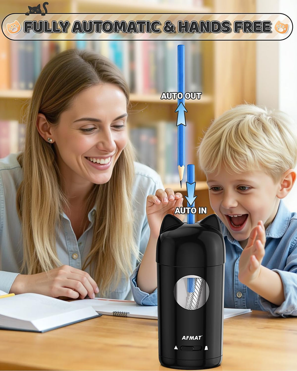 AFMAT Sacapuntas eléctrico PSX9, sacapuntas totalmente automático para niños, entrada y salida automática, para lápices de colores n.º 2 de φ7-0.315 in, recargable e inalámbrico