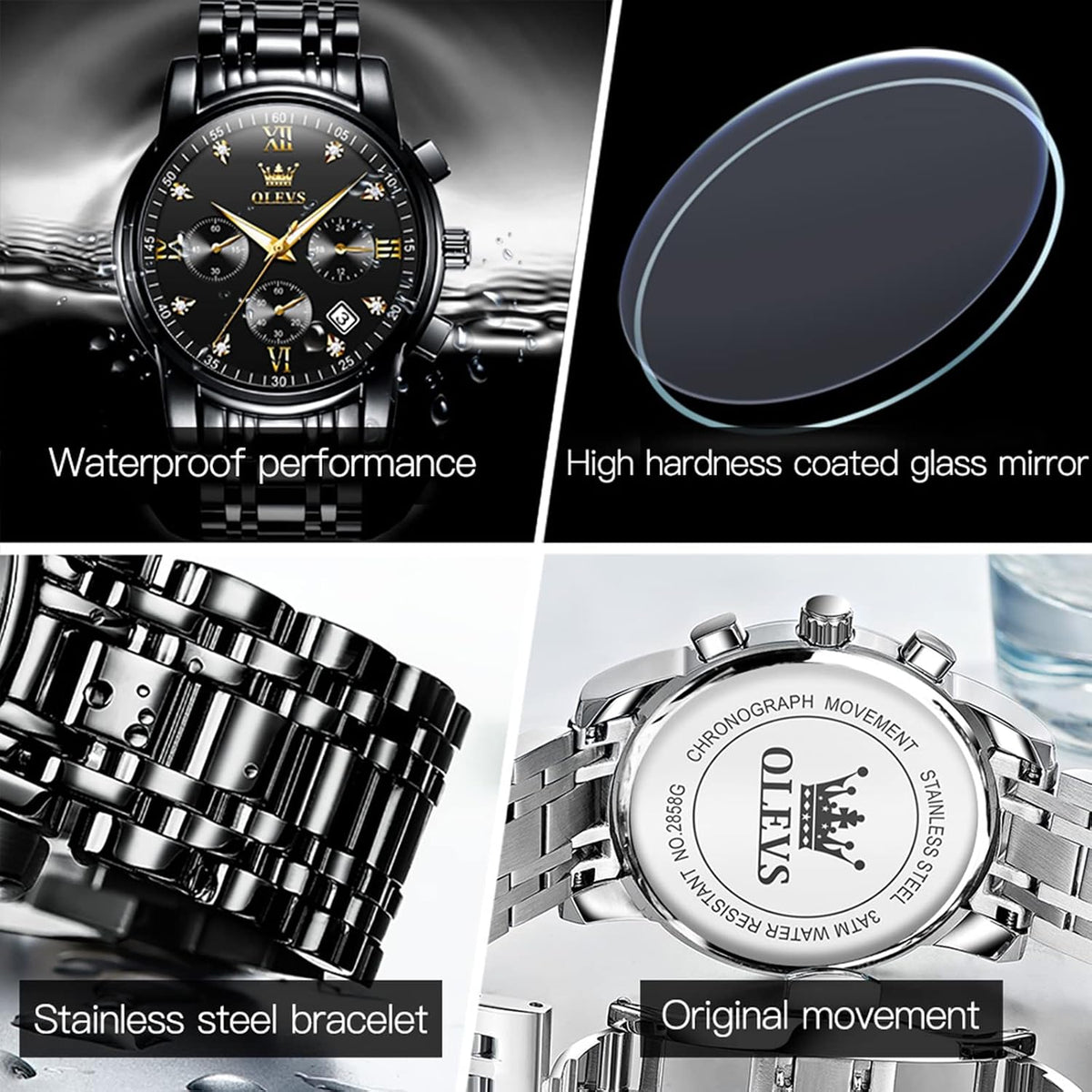 OLEVS Relojes de Oro para Hombres Reloj de Pulsera de Lujo a Prueba de Agua Gran Cara Elegante Acero Inoxidable Analógico Cuarzo Fecha Cronógrafo Luminoso Lectura Fácil Relojes de Negocios Regalos para Hombres Graduación