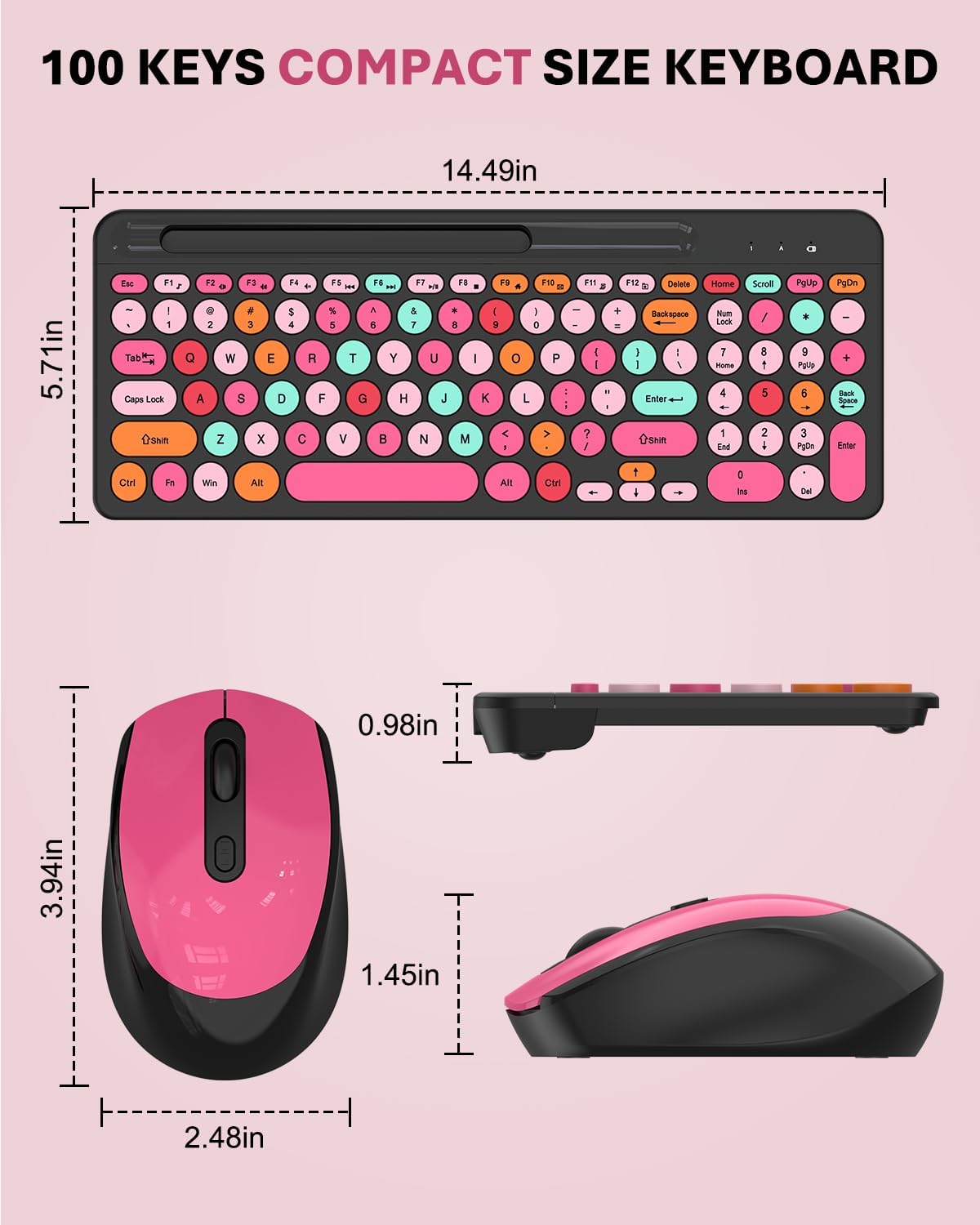 Colorido combo de teclado y mouse inalámbricos, teclas redondas, te...