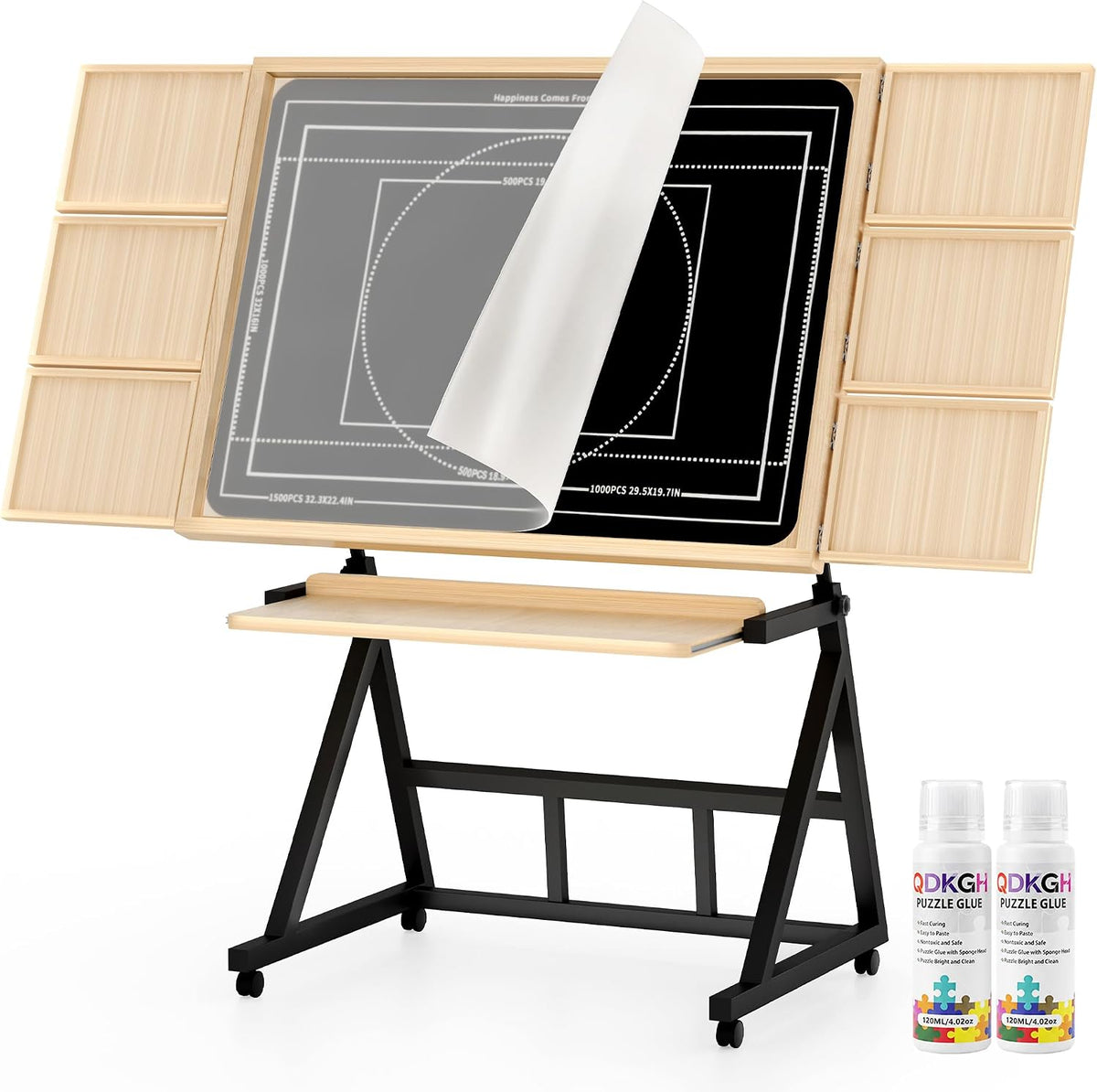Mesa de rompecabezas de madera con ruedas móviles para rompecabezas de 1500 piezas, tablero de rompecabezas con cajones, superficie de fieltro, altura e inclinación ajustables, regalo de Navidad