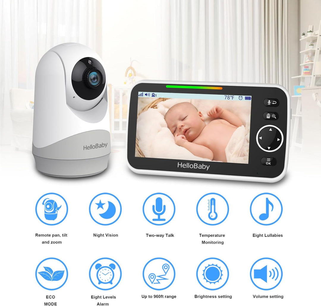 HelloBaby Monitor con cámara y audio, pantalla de 5'' con t...
