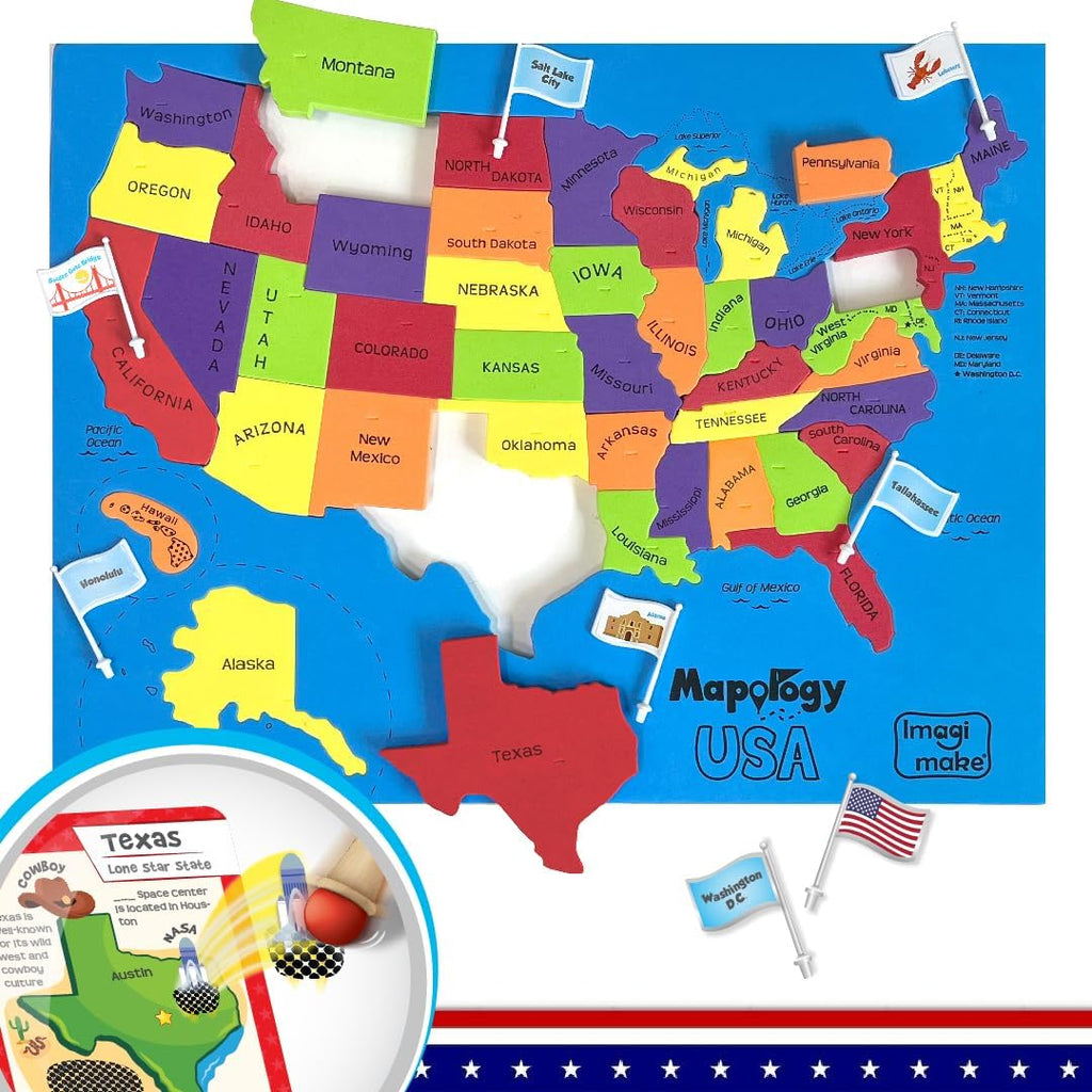 Imagimake Mapology - Rompecabezas de mapa de Estados Unidos con tarjetas flash para niños a partir de 8 años