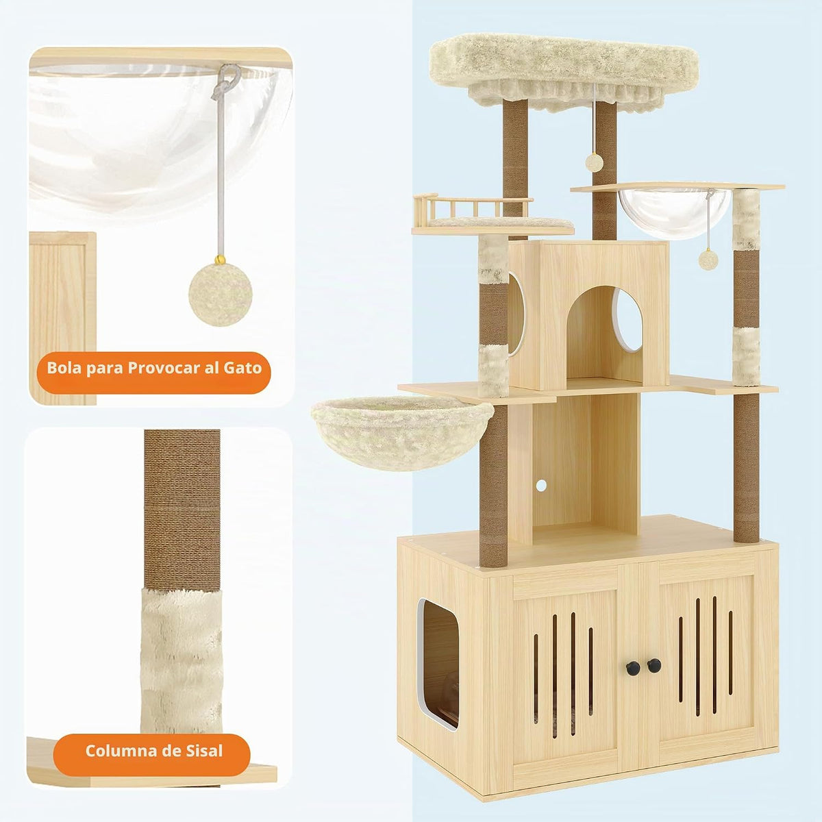Árbol para gatos con caja de arena, torre para gatos de varios niveles con muebles ocultos, percha superior de felpa grande, postes rascadores de sisal, condominio para gatos y hamaca para gatos de