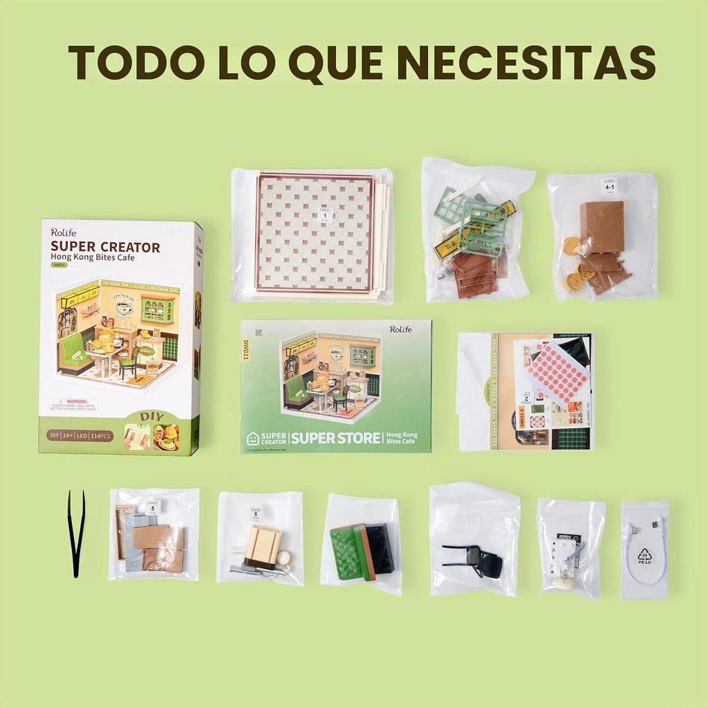 Rolife Super Creator - Juego de construcción de casas de plástico en miniatura con LED, adecuado para figuras pequeñas, juguetes de construcción, kit de diorama, regalos para adolescentes y adultos (Hong Kong Bites Cafe)