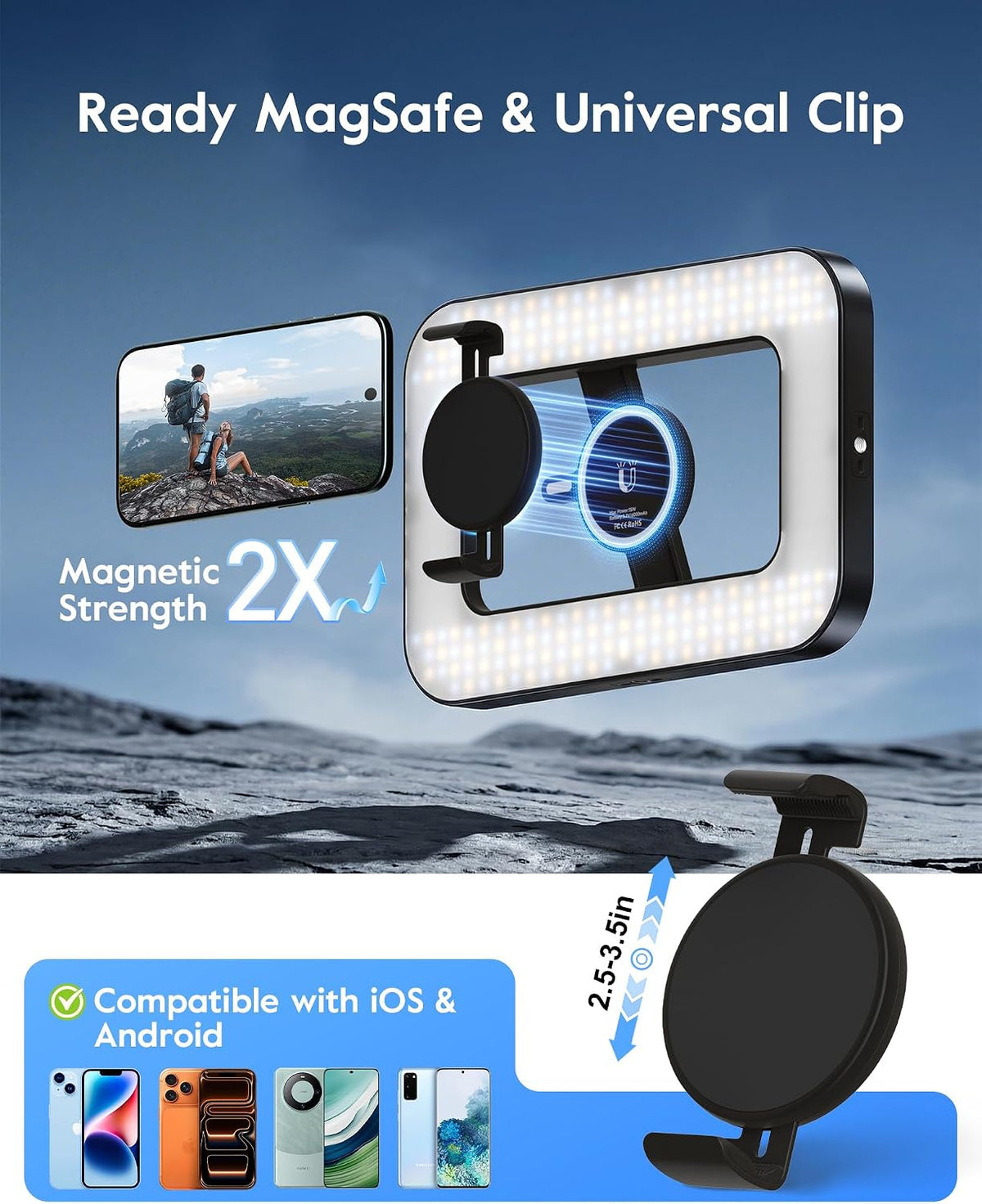Anillo de luz magnético con soporte y clip para teléfono, trípode de 62 pulgadas para iPhone con luz, trípode de teléfono de 6000 mAh con luz para grabación de video, TikTok, YouTube, Vlogging, selfies, CRI>95