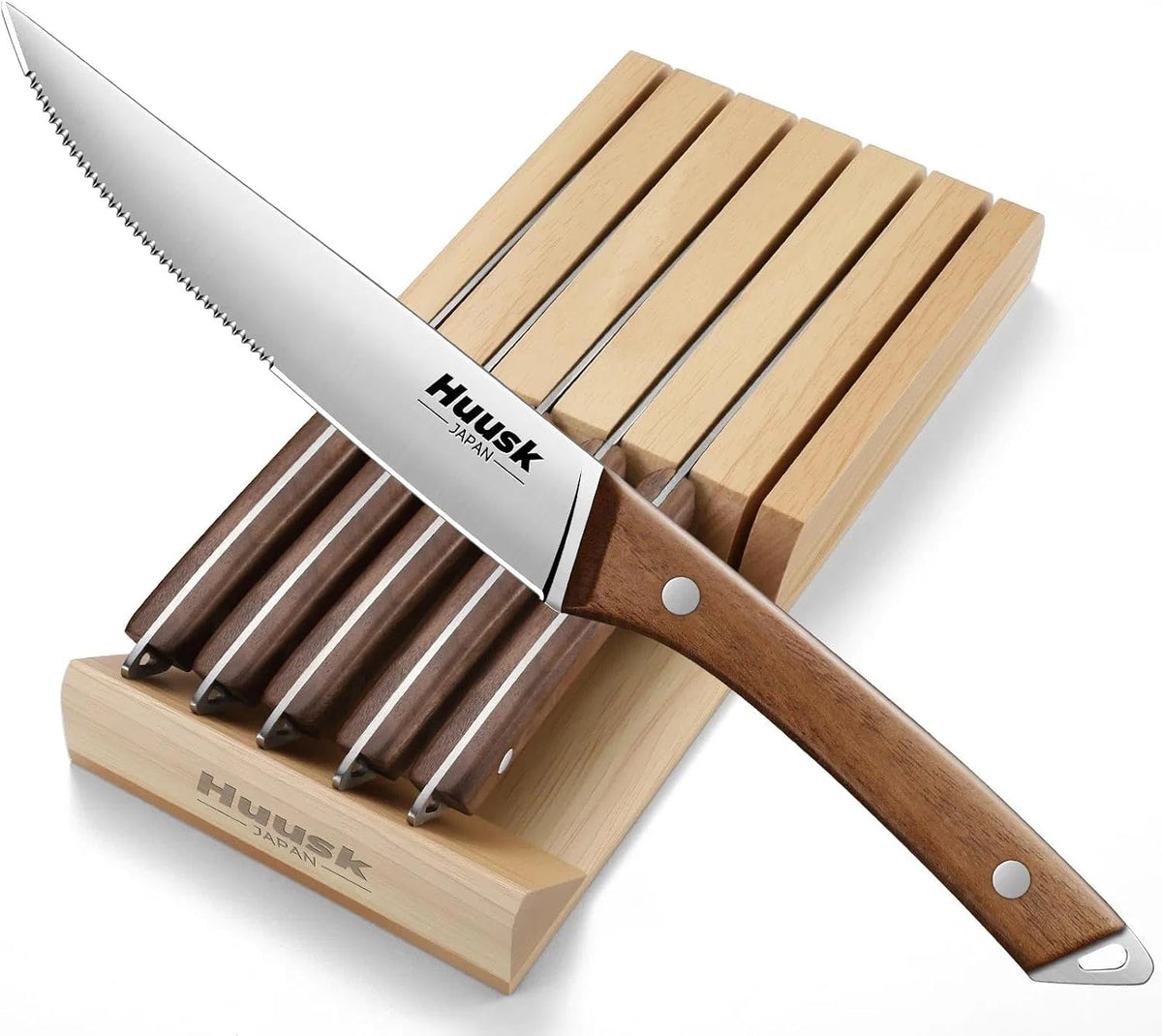 Huusk - Juego de 6 cuchillos para carne con bloque de madera
