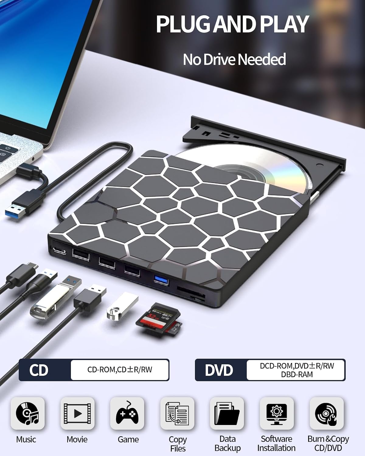 ASHDOL Unidad externa de CD y DVD, 8 en 1 USB 3.0 y lector de disco...