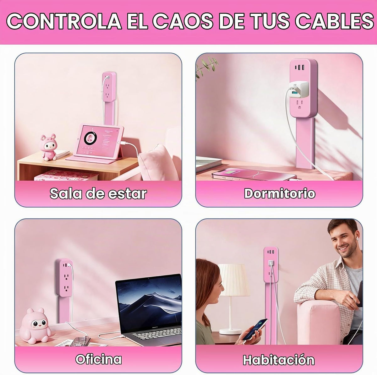 Extensor de toma de corriente eléctrica: cuenta con USB-A, USB-C y 2 salidas de CA, se extiende de 22 a 34 pulgadas, gira tomas de acceso de 180° de difícil acceso, enchufe de pared, mesitas de noche, sofás, escritorios y más
