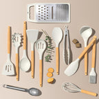 Umite Chef - Juego de utensilios de cocina de silicona, 34 piezas de utensilios de cocina resistentes al calor y herramientas con rallador, mangos de madera color crema blanca para utensilios de