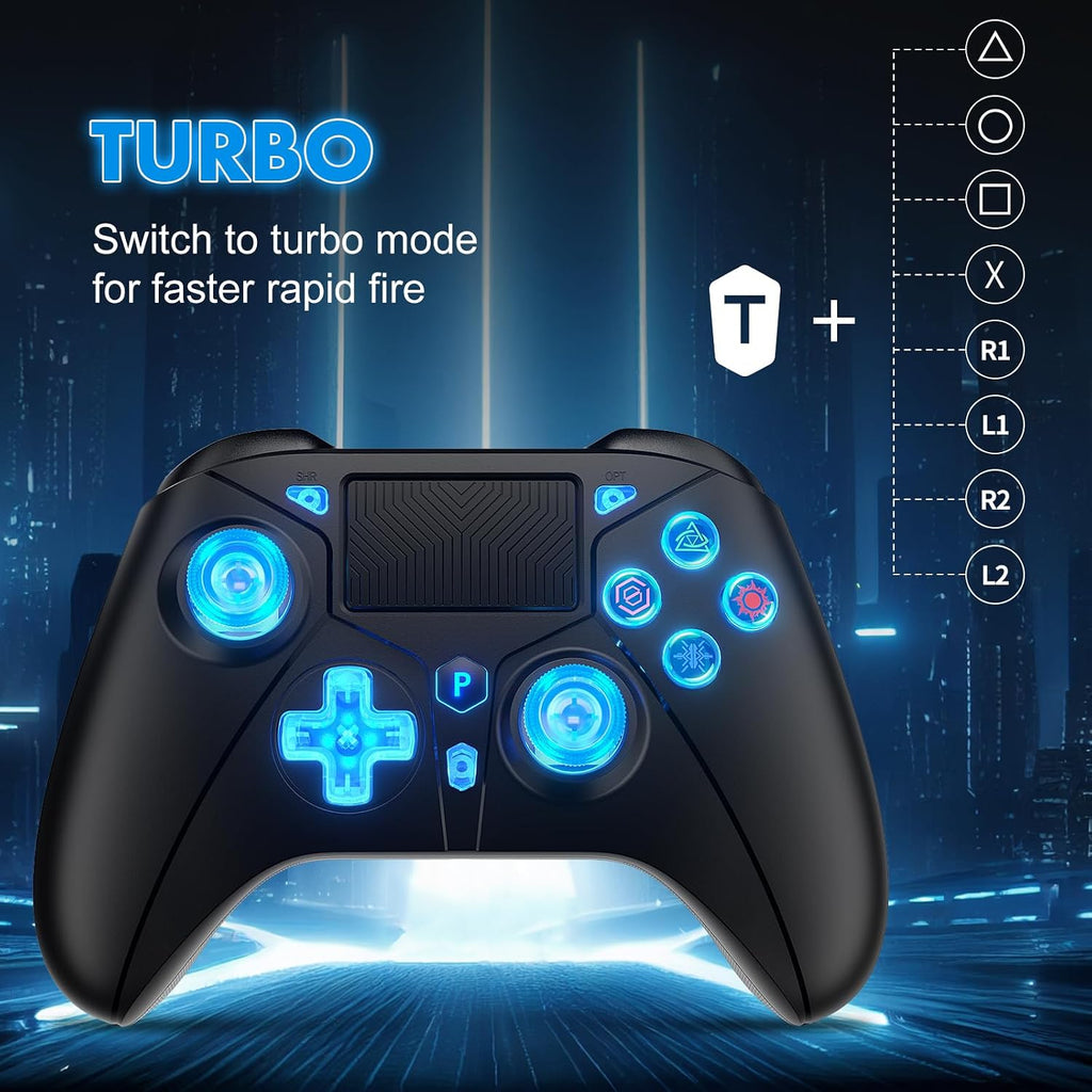 Dinosoo Controlador inalámbrico RGB con luz LED y botones traseros de reasignación, turbo ajustable, adaptador 2.4G para PS5, PC