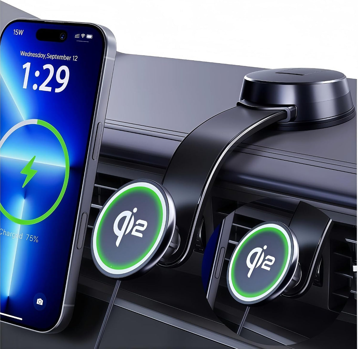 Actualización [Certificado Qi2] 15 W para cargador inalámbrico MagSafe, 2 cargas rápidas [succión segura de 90 + libras), soporte magnético para teléfono, parabrisas para iPhone 17/16/15/14/13/12 Pro Max, color negro