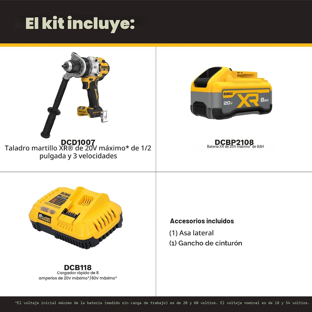 DEWALT Kit de taladro de martillo inalámbrico sin escobillas de 20 V MAX XR de 1/2 pulgada con batería de 8 Ah y cargador, 3 velocidades (DCD1007WW1)