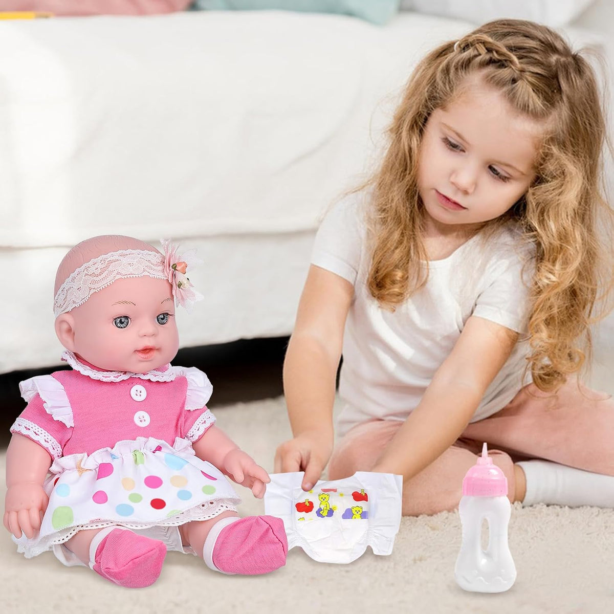 DONTNO Muñeca de bebé de 12 pulgadas con cama de moisés