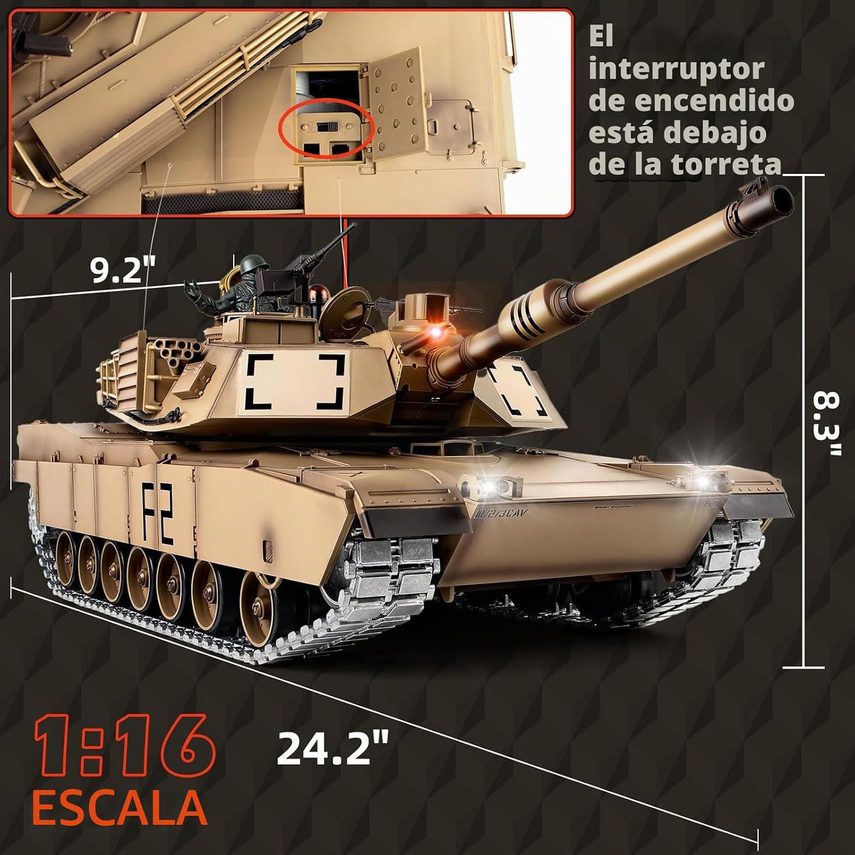 1/16 Tanque RC, juguete de ejército Heng Long US M1A2 Abrams con humo, sonido y luces, tanque de control remoto que dispara con pistas de metal mejoradas, rueda de rodillos y piñón, caja de