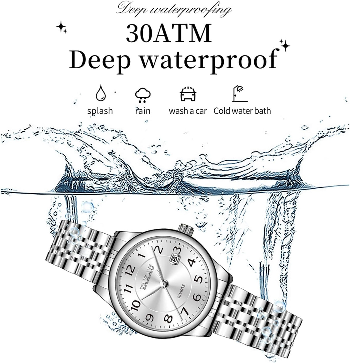 Reloj de Mujer Elegante Analógico a Cuarzo con Carga de Fecha, Números Arábigos Grandes, Impermeable, Dos Tonos, Acero Inoxidable, Pequeño, Reloj de Muñeca