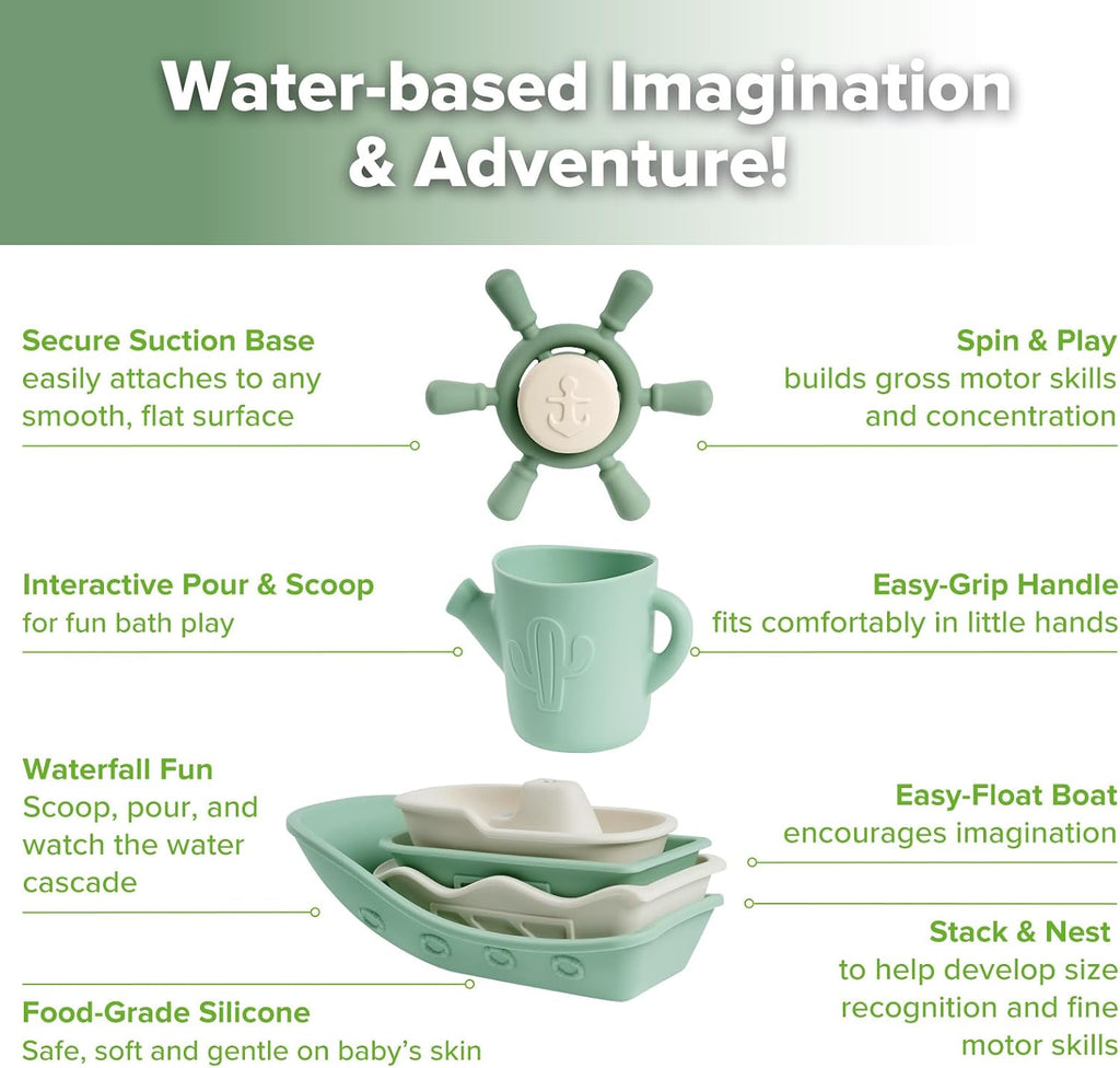 Haakaa Juego de juguetes náuticos de baño de silicona para bebés, juguetes de bañera de silicona de grado alimenticio para niños pequeños, botes apilables sin moho y juguete giratorio y taza para verter, juguetes flotantes sin BPA para bebés de 6 meses