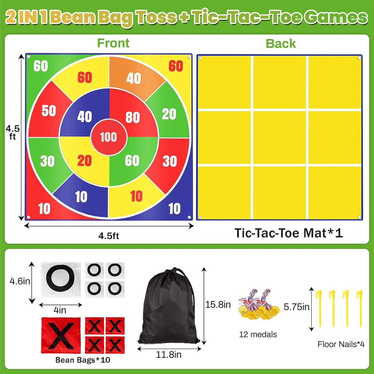 Juego gigante 2 en 1 para lanzar bolsas de frijoles de Pascua y grandes juegos al aire libre para niños adultos - 4.5 pies gigantes exteriores para césped, campamento, campo, día de juegos para niños,