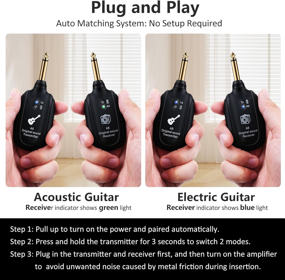 INGPARTNER Sistema de guitarra inalámbrico A8 UHF, 2 modos, batería...