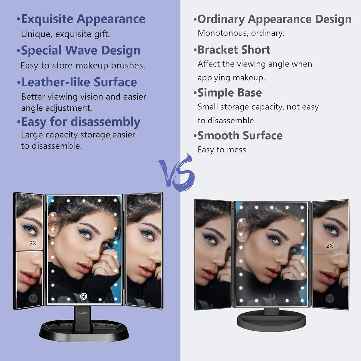 Espejo de maquillaje con iluminación triple con 21 luces LED, aumento 1x/2x/3x y atenuación de pantalla táctil, dos fuentes de alimentación, espejo de maquillaje, regalo para mujeres