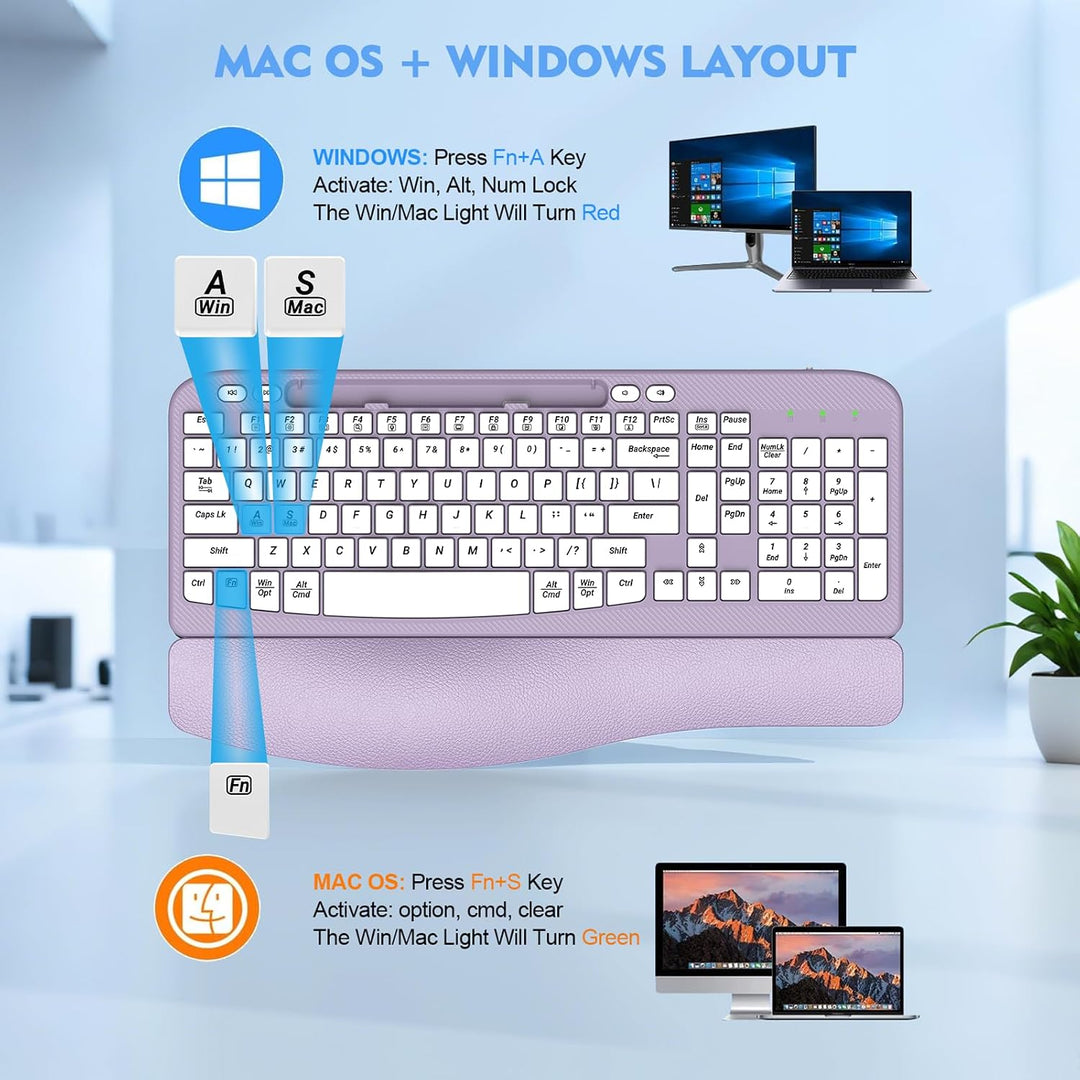 Teclado inalámbrico ergonómico con reposamuñecas acolchado, teclas...