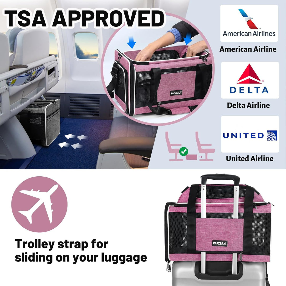 Transportador para gatos extensible superior 18x11x11, aprobado por United Delta American Airlines